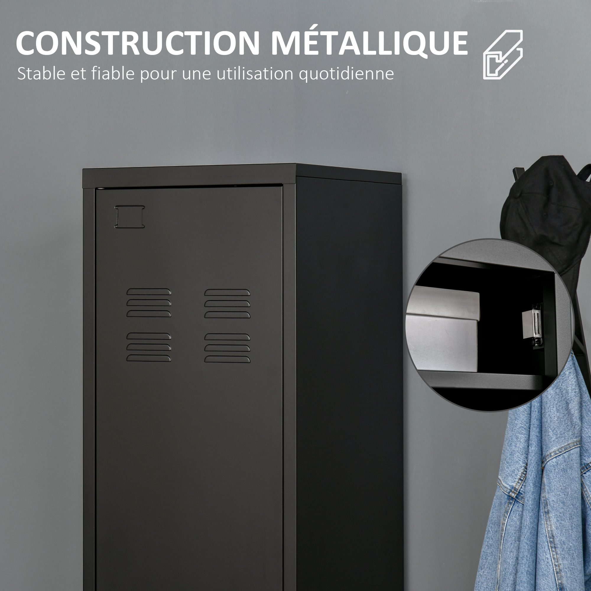 Armoire vestiaire métal design industriel - barre penderie, 3 étagères - dim. 43L x 50l x 180H cm - métal noir