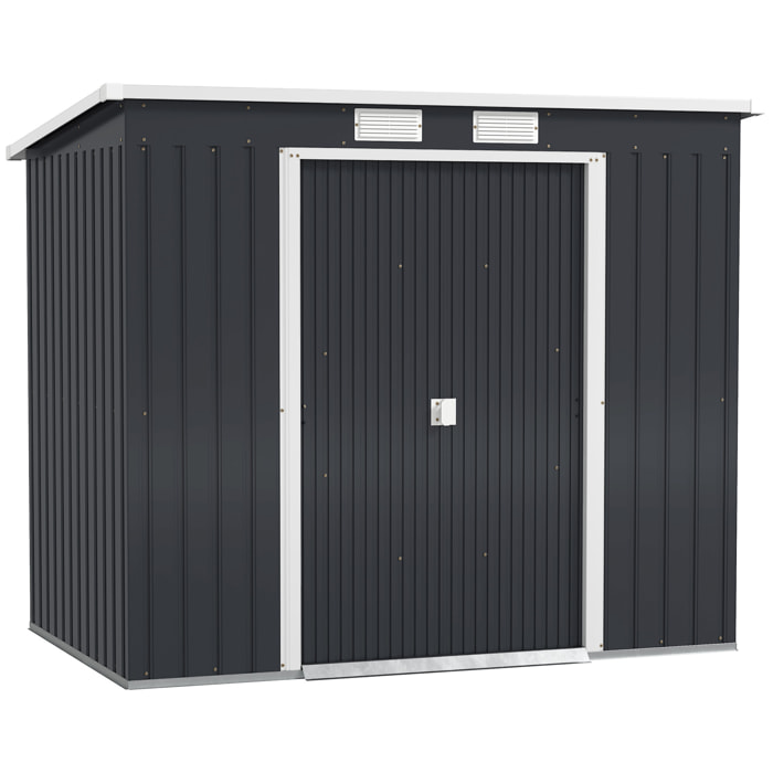 Caseta de Jardín Exterior 2,4 m², 213x130x172 cm, Cobertizo de Jardín Exterior Metálico con Puerta Corredera, Techo Inclinado, Base Refuerzo (Suelo NO Incluido) y 2 Ventanas, Gris Oscuro