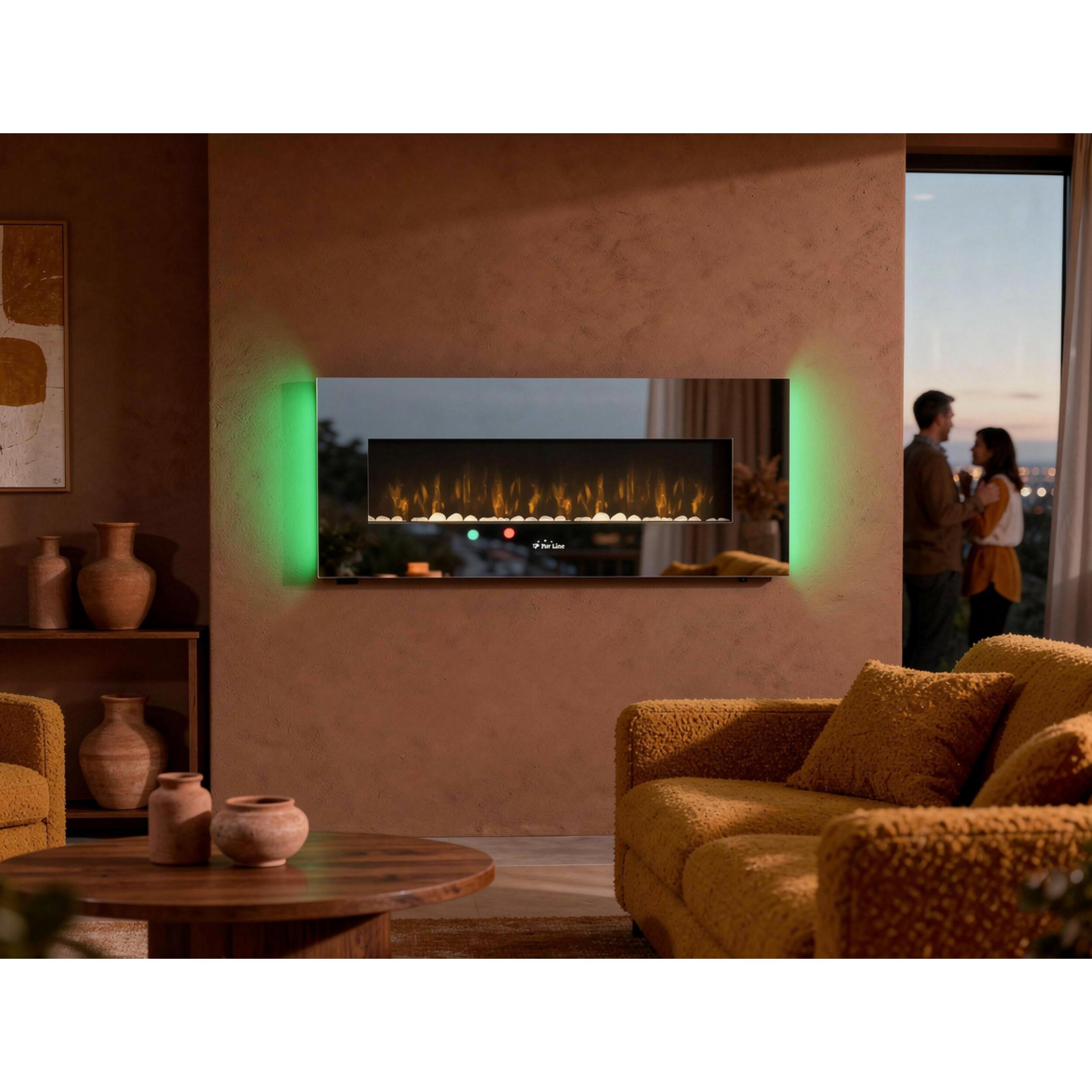 Chimenea eléctrica mural 2kW panorámica en cristal templado efecto espejo CHE-510 PURLINE