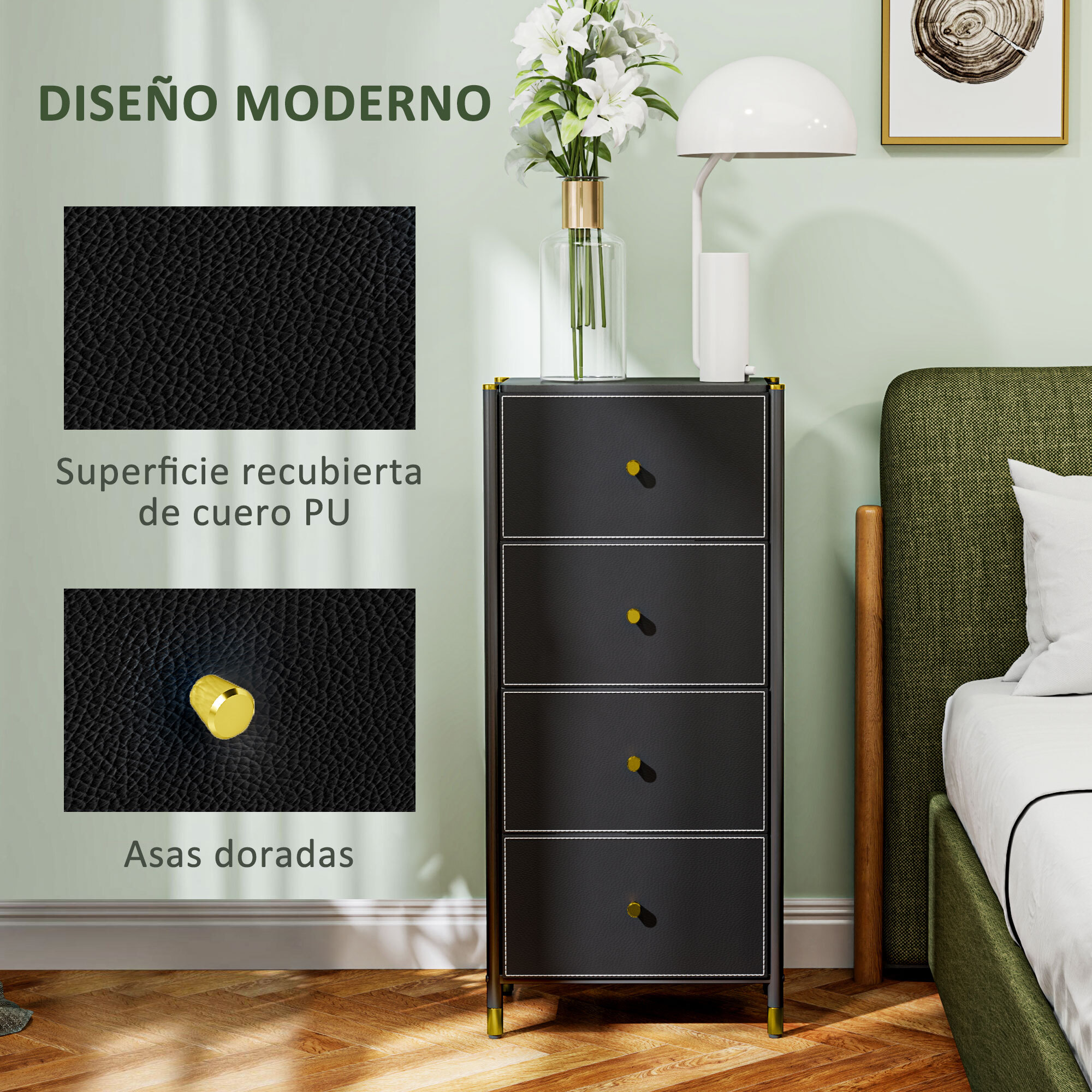 Cómoda para Dormitorio Cajonera de Tela con 4 Cajones Plegables con Frentes de PU y Marco de Acero Cajonera para Dormitorio Salón Negro