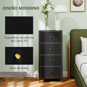 Cómoda para Dormitorio Cajonera de Tela con 4 Cajones Plegables con Frentes de PU y Marco de Acero Cajonera para Dormitorio Salón Negro
