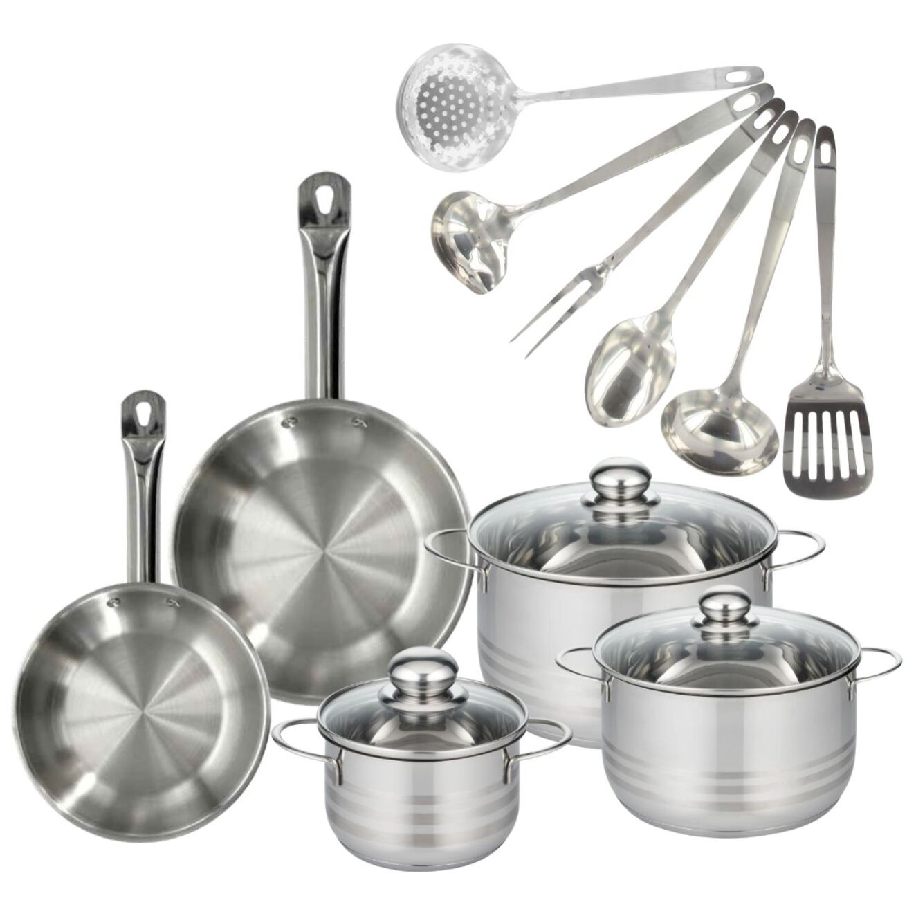 Set 2 poêles en inox, 3 faitouts inox et 6 ustensiles inox Fackelmann Eterna