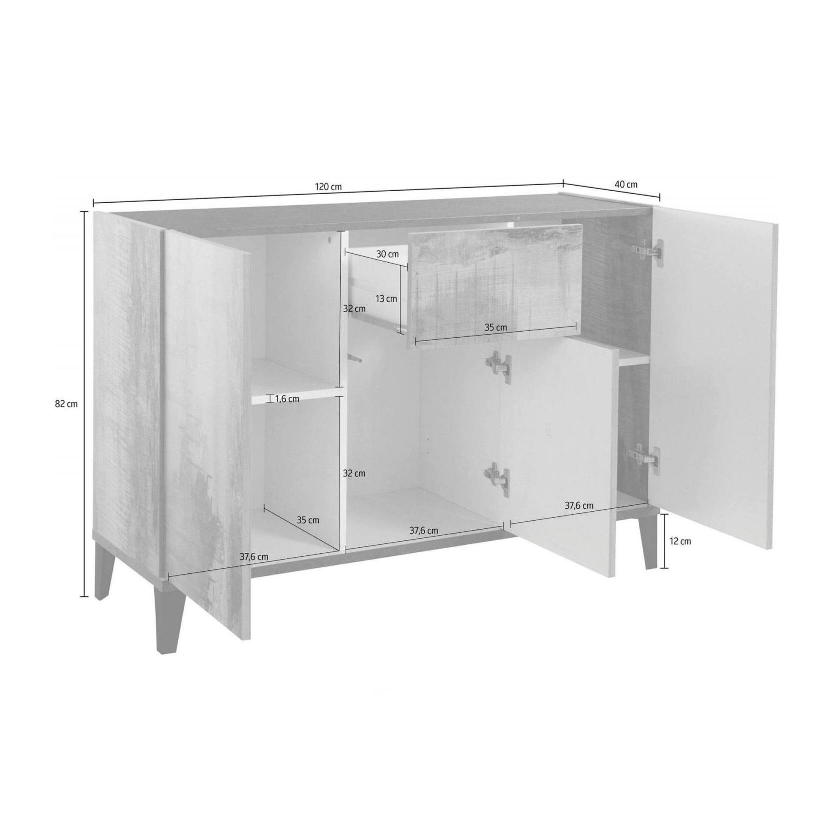 Credenza moderna a 3 ante e 1 cassetto, Made in Italy, Madia da cucina rialzata, Buffet di design da soggiorno, Cm 120x40h82, Bianco lucido e Ardesia