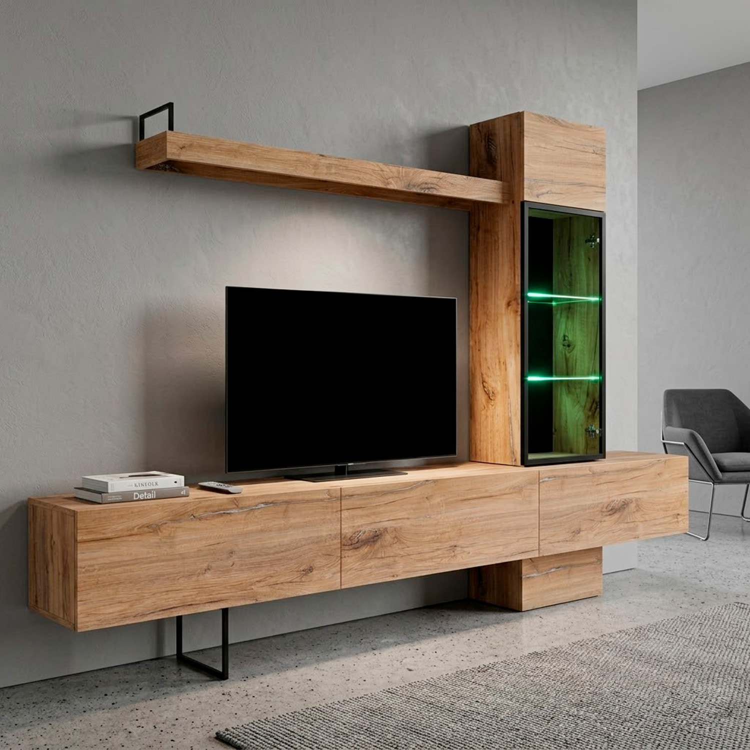 Parete Attrezzata Soggiorno Mobile Tv Colonna Vetrina Led Mensola Moderno Living Arredo Casa Contenitore Resistente Salvaspazio 240x 170x 40 Cm Rovere
