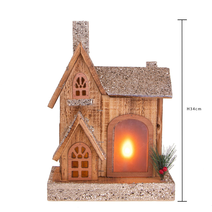 Casetta con 18 Led Legno innevata - Pezzi 1 - Colore Multicolore - 24x34Hx11cm - Bianchi Dino