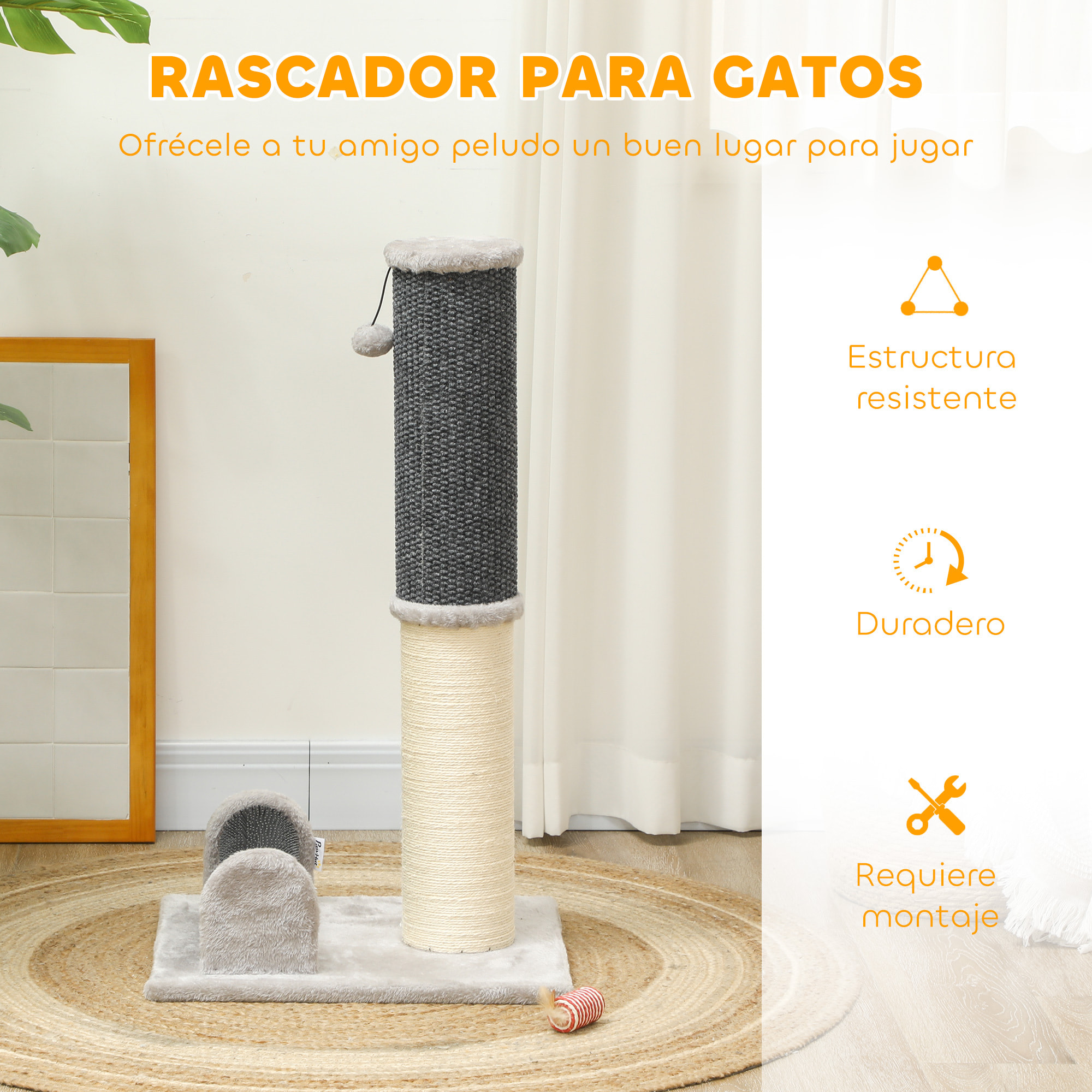 Poste Rascador para Gatos 85 cm Arañador para Gatos con Poste de Sisal Cepillo de Auto Acicalado y Bola de Juguete Gris y Crema