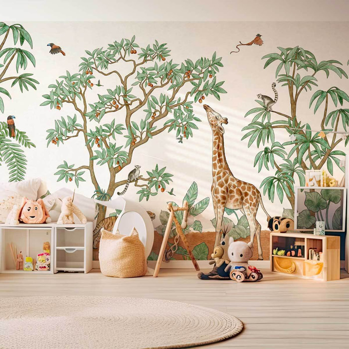 Papier peint panoramique petit dejeuner de girafe Intissé