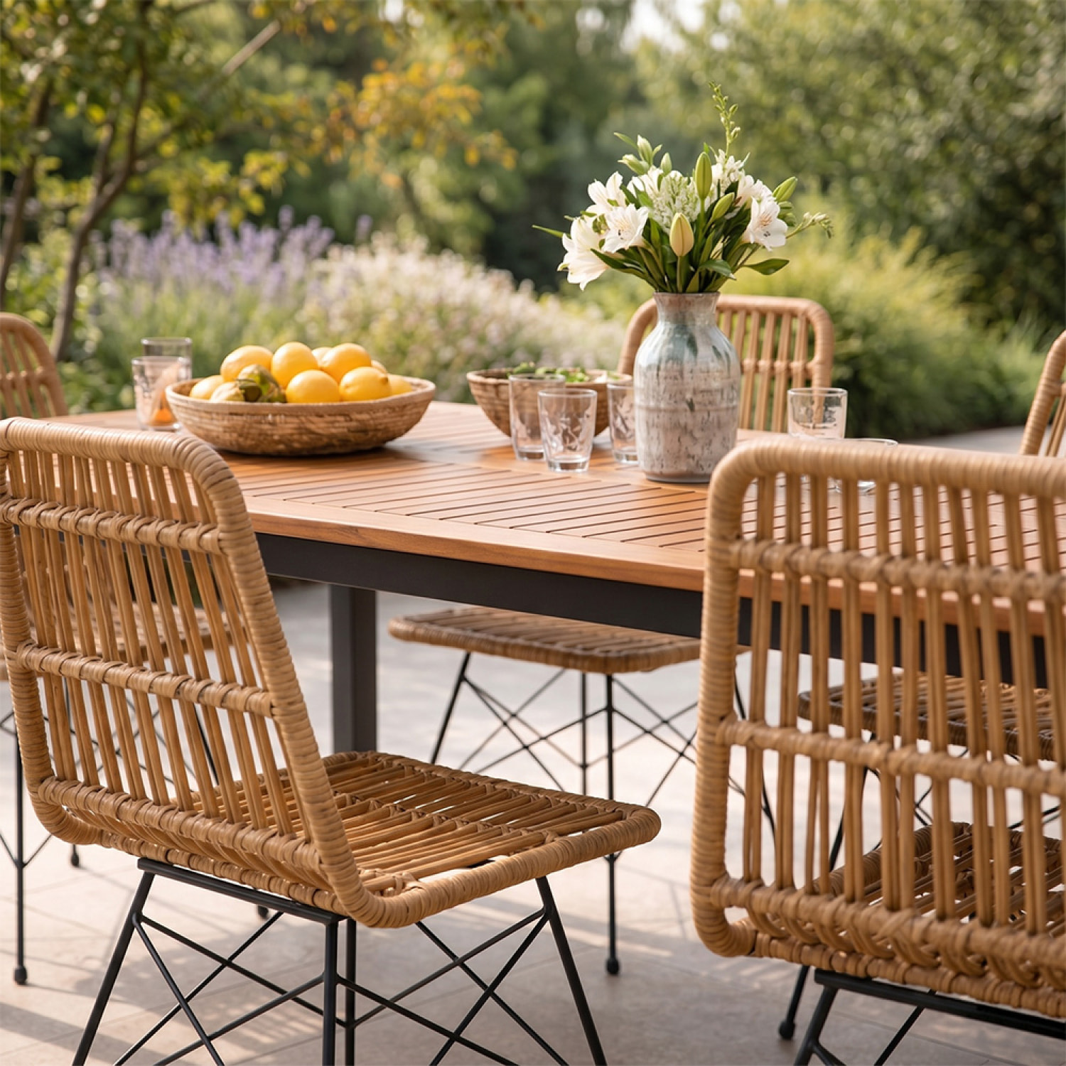 Salon de jardin 6 places avec table en bois naturel et chaises en résine tressée JAGNA
