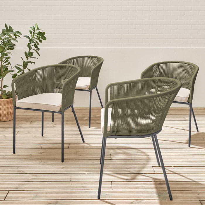 Lot de 4 fauteuils de jardin en corde kaki et acier galvanisé. coussins beige