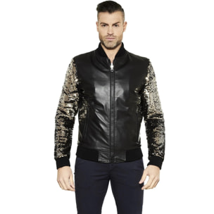 Giubbotto Bomber in pelle nera maniche paillettes