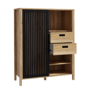 Armoirette L103cm 1 porte 2 tiroirs décor bois chêne et noir - BOSTON