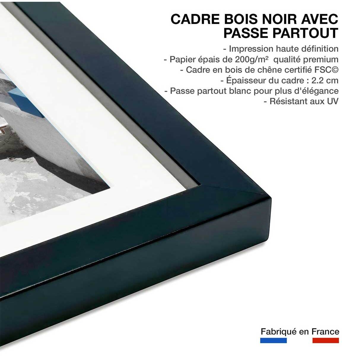 Poster dôme bleu santorin Affiche + cadre en bois - Noir