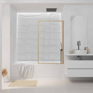 Pare baignoire Rabattable 80x140 cm - Cadre Aluminium Décor Bois - Verre Trempé Ondulé 4 mm