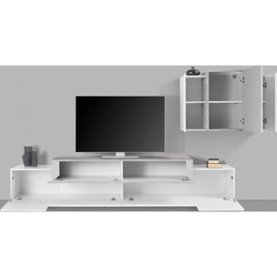 Parete attrezzata da soggiorno modulare, Made in Italy, Base porta TV e pensile sospeso, Set salotto moderno, cm 280x45h180, colore Bianco lucido e Cemento