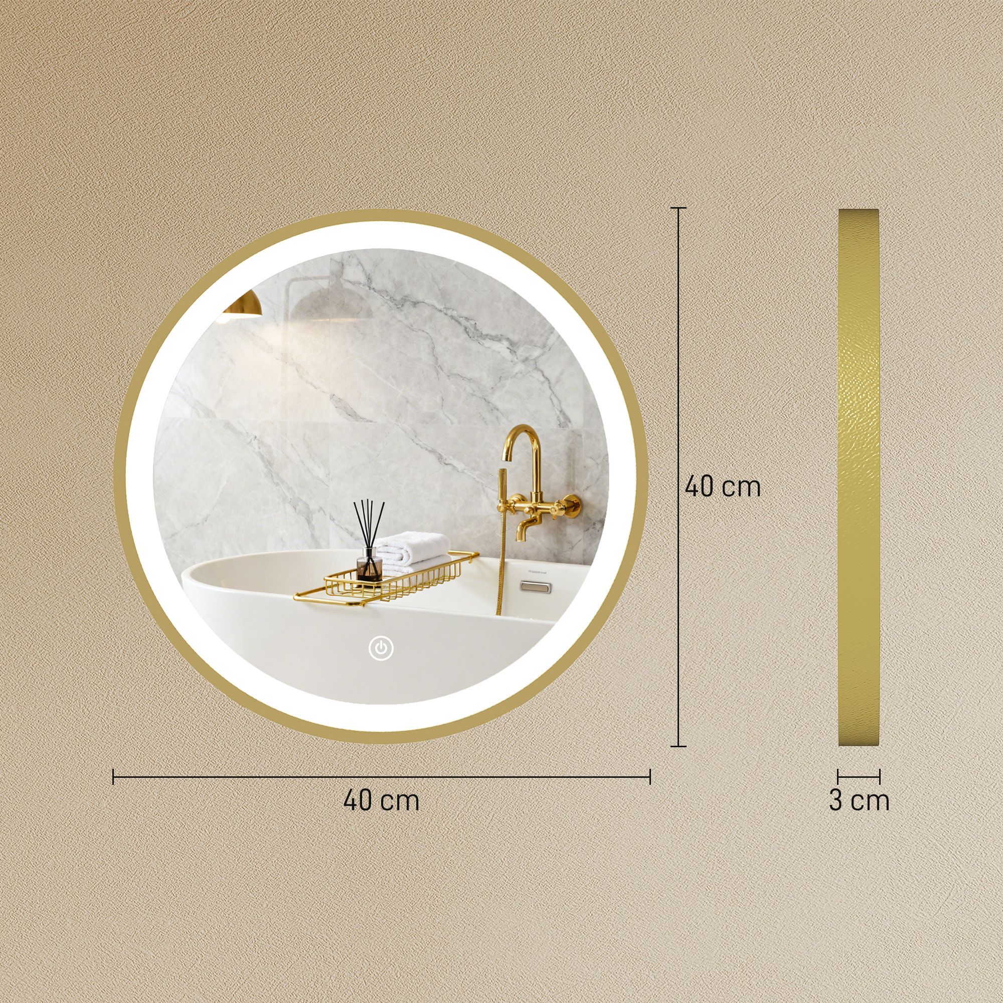 Miroir salle de bain avec éclairage LED rond verre doré