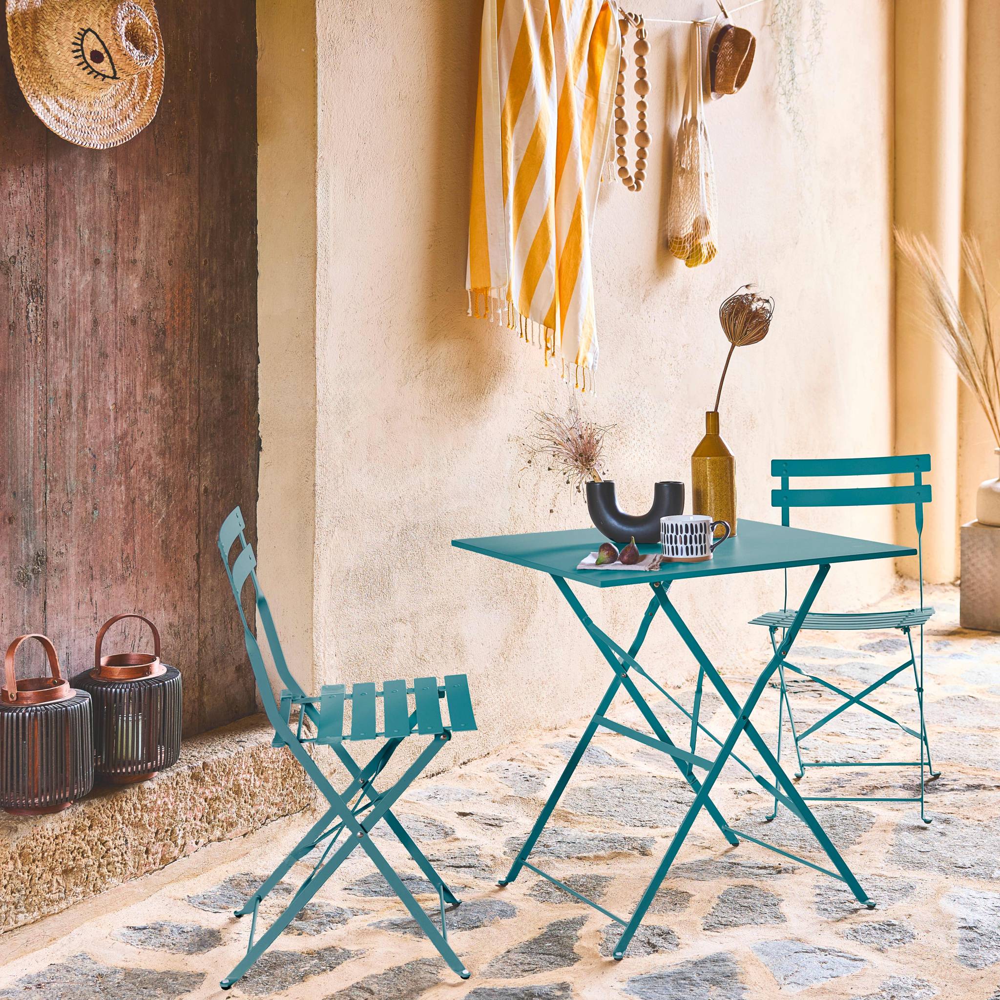 Table de jardin bistrot pliante métal + 2 assises bleu canard 70 x 70cm. acier thermolaqué