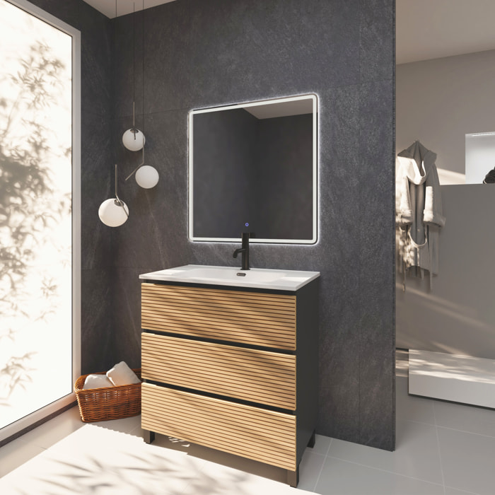 Conjunto de Baño Yinu | 80 cm Negro - Solomon | Tres Cajones | Lavabo Encastrado | No incluye Espejo | Alday