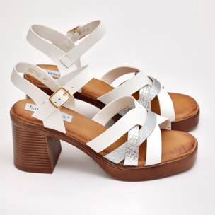 Sandali in simil pelle con tacco comodo quadrato e fasce bicolore