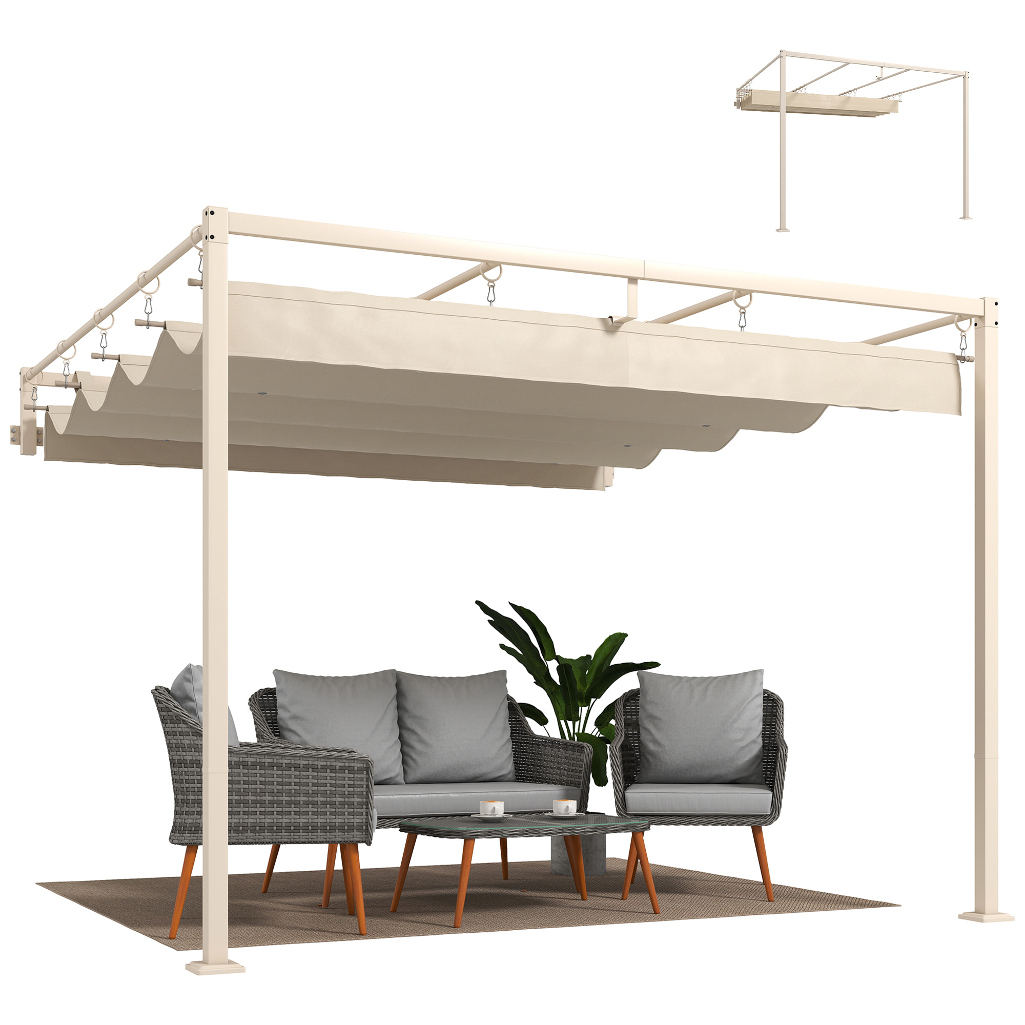 Pérgola de Pared de Jardín 3x3 m, Cenador de Jardín con Techo Retráctil, Protección UPF30+, Orificios de Drenaje y Estructura de Acero, Pabellón para Patio, Terraza, Exterior, Beige