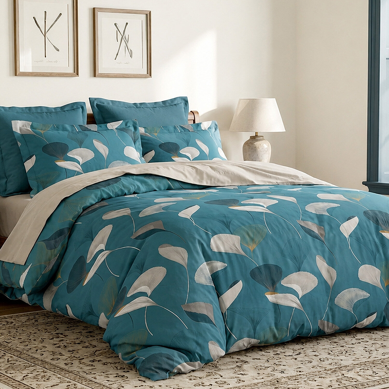 Parure housse de couette 100% coton motif feuilles de Ginkgo bleu canard et ocre - Apoline