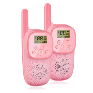 DAM Walkie Talkies infantiles D21, 1-3 km, pantalla de 1,5 LCD, 99 códigos de grupo encriptados, luz LED. 2 unidades. Batería recargable. 5,5x3,5x13,5 Cm. Color: Rosa