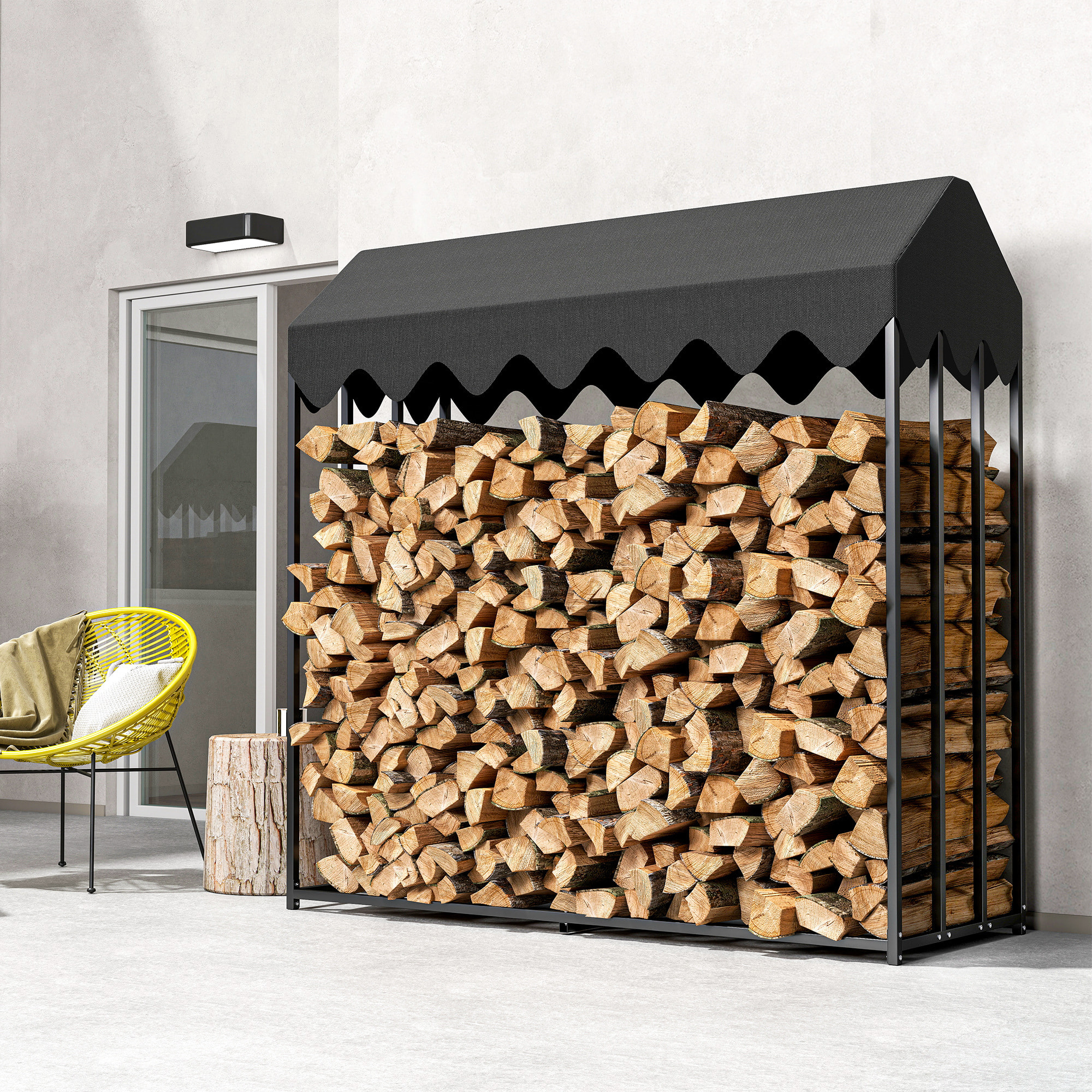Estante de Leña Metálico, 186x70x185 cm, Leñero Exterior con Cubierta Impermeable 600D Oxford, Marco de Acero, Soporte para Leña de Chimenea, Carga 300 kg, para Jardín, Terraza