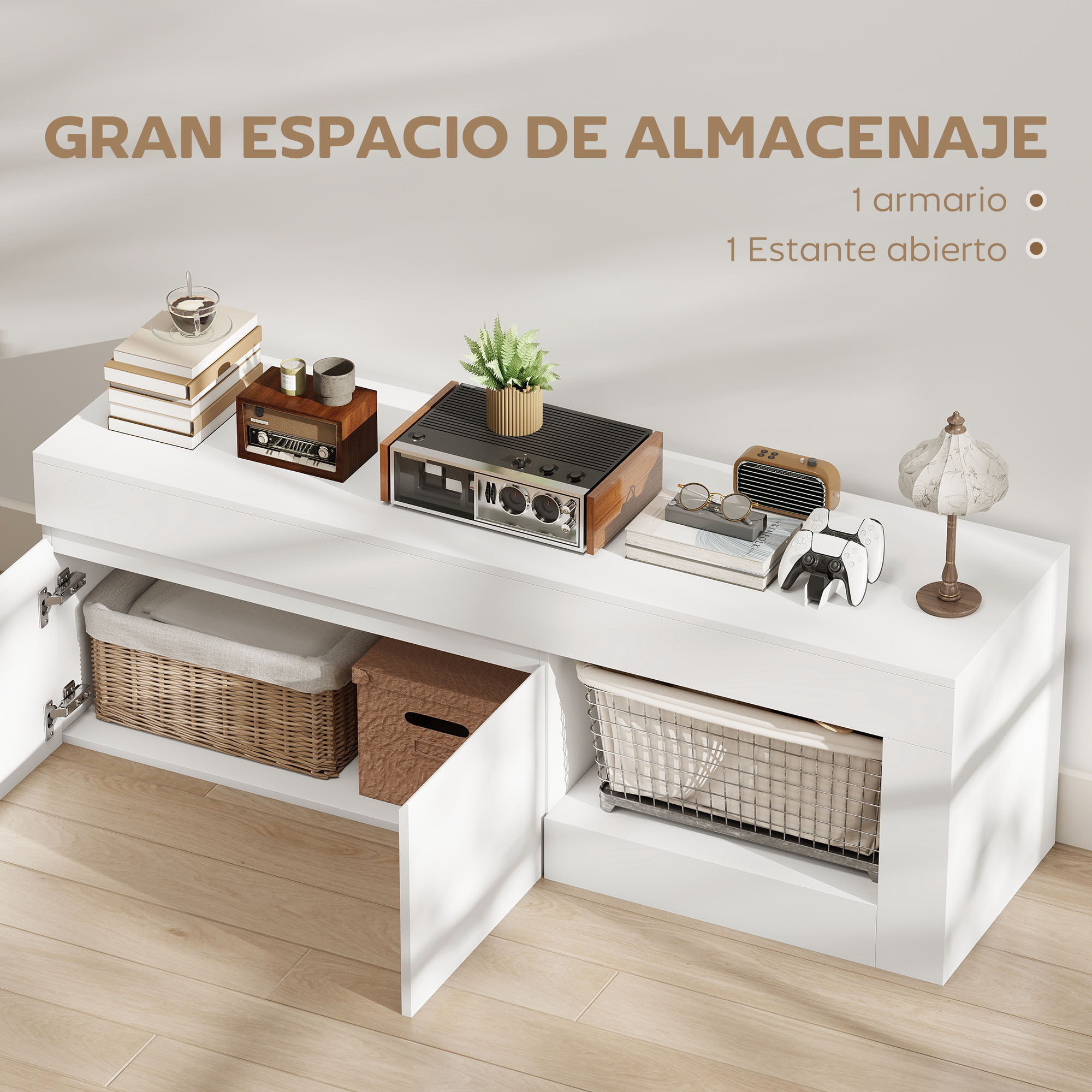 Mueble de TV Moderno, Mesa de TV para Salón con 2 Puertas, Estante Abierto, para Televisión 60 Pulgadas, 140x40x48 cm, Blanco