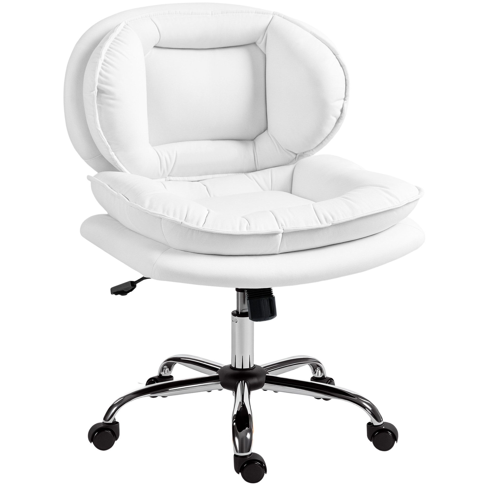Silla de Oficina Piernas Cruzadas, Silla de Escritorio sin Brazos con Asiento Ancho, Ruedas, Altura Ajustable, Doble Acolchado, Giratoria, Función Basculante, Tapizada en PU, Blanco