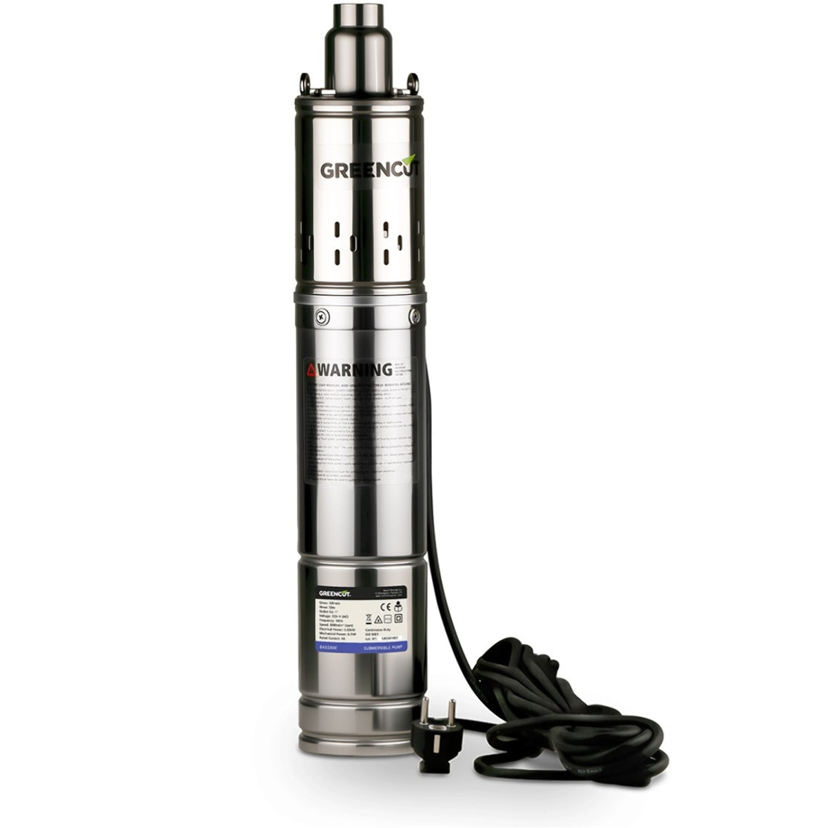 Bomba sumergible de 550 W con caudal máximo de 30 L/min y altura de bombeo hasta 50 m, ideal para aguas claras y pozos - GREENCUT BAS550C