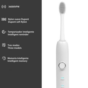 Spazzolino elettrico con batteria ricaricabile e testina. Ricarica wireless induttiva.