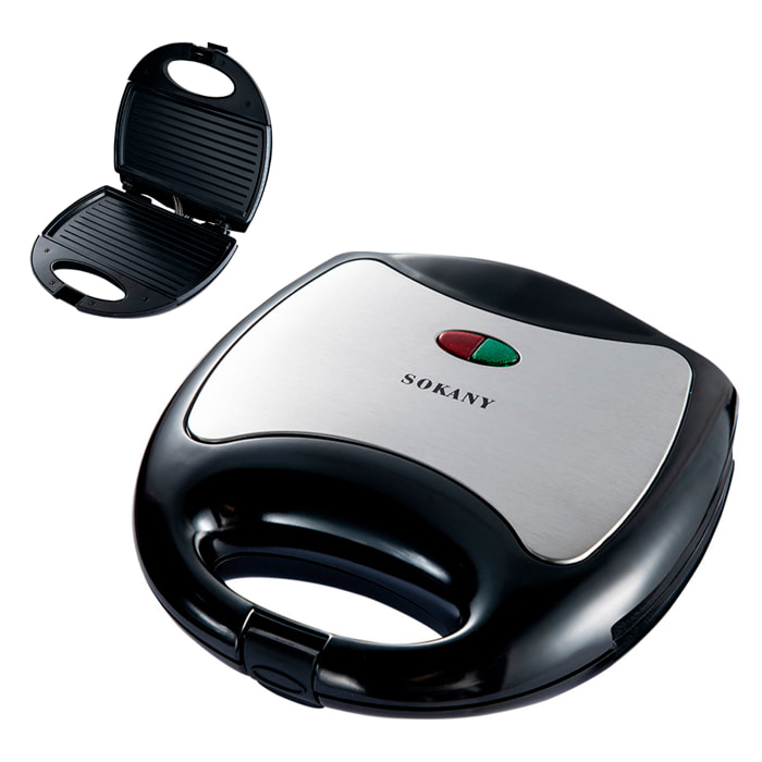 Sandwichera antiadherente con 750W de potencia y luz indicadora.