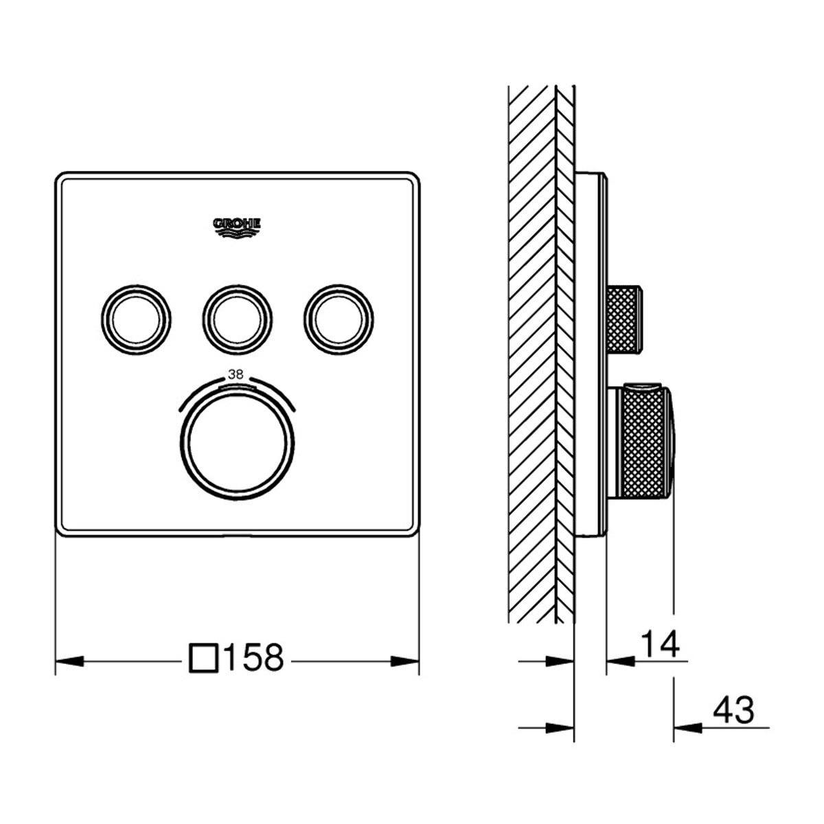 Façade avec mitigeur thermostatique encastré 3 sorties Grohtherm SmartControl
