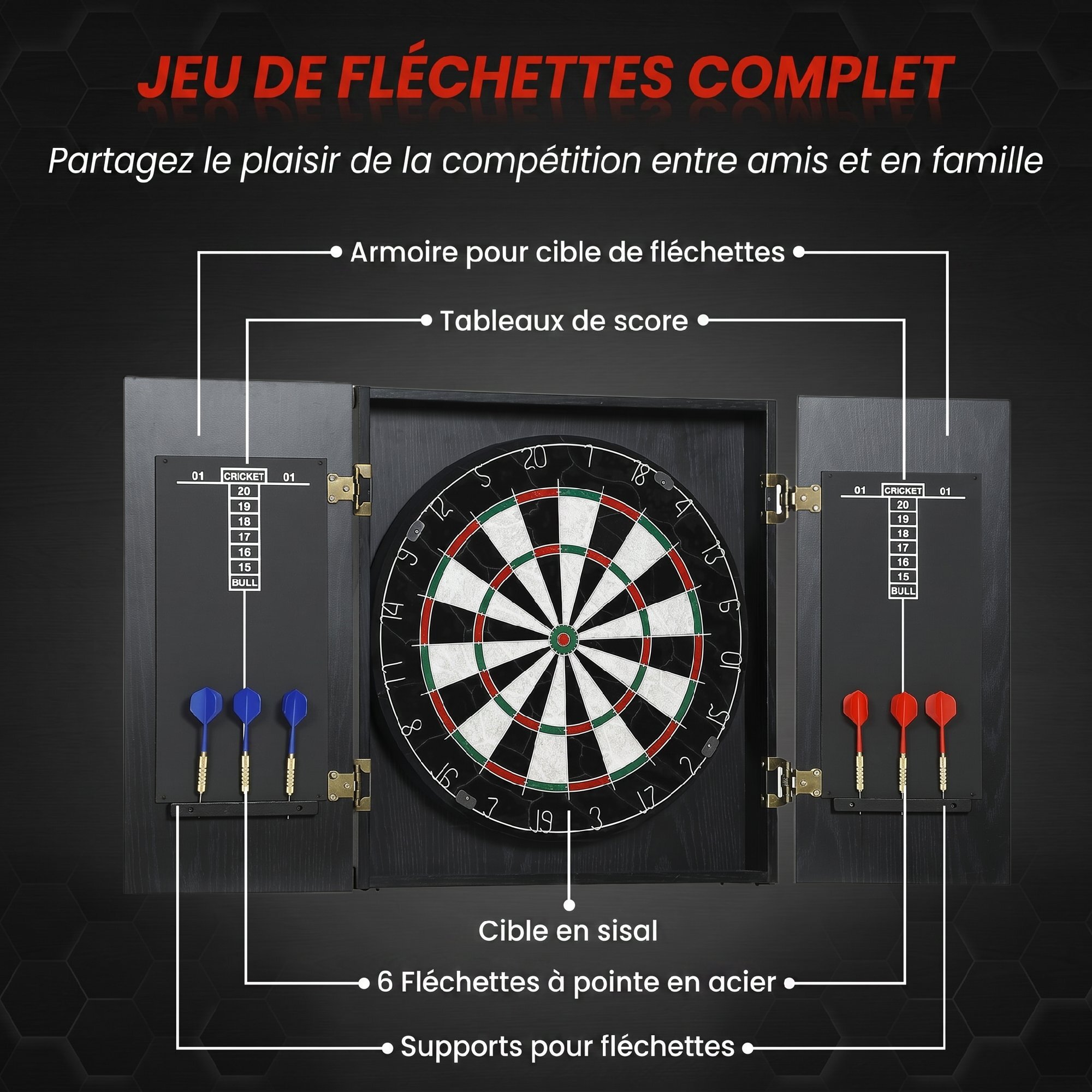 Cible de fléchettes - armoire à fléchettes - jeu de fléchettes - effet bois noir