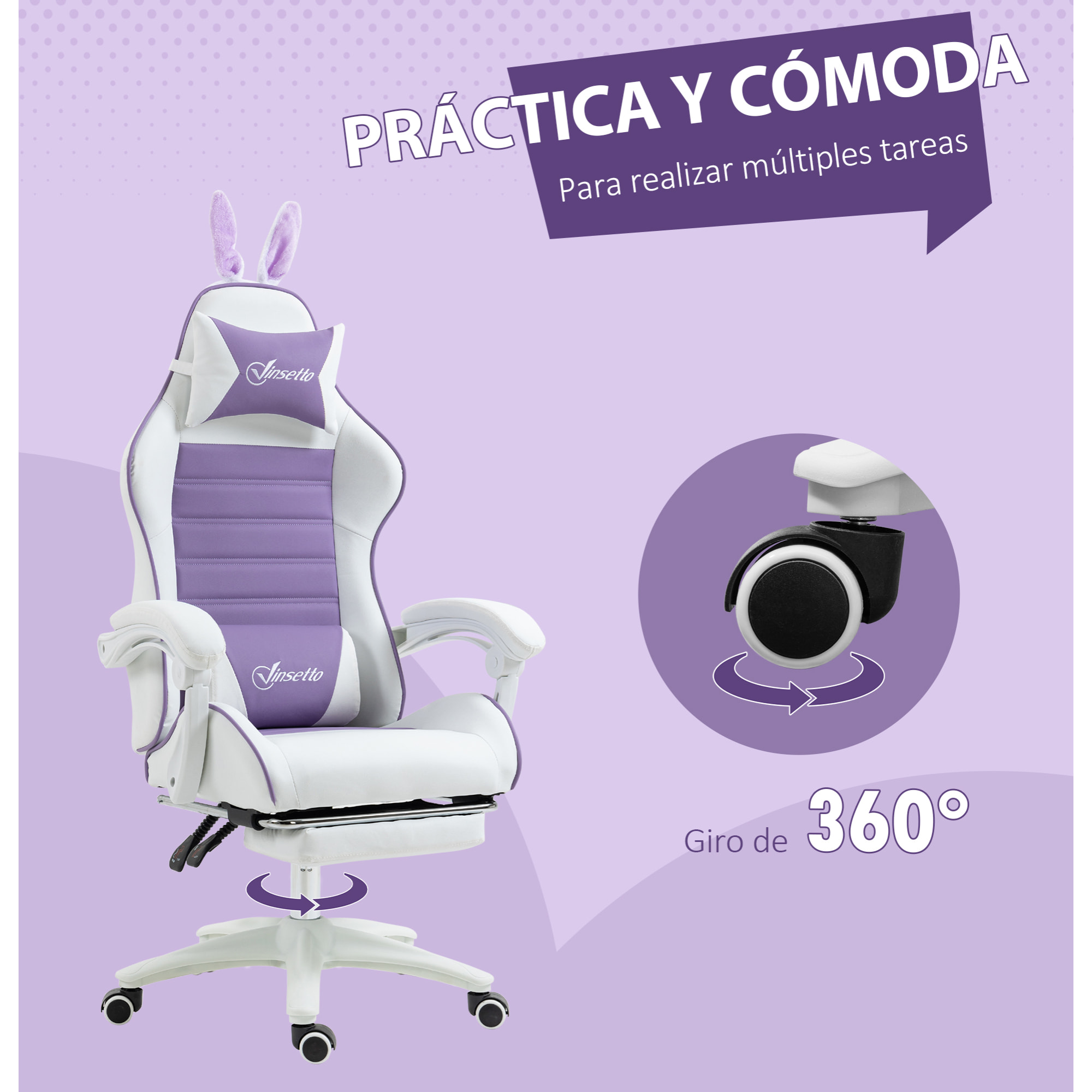Silla Gaming Ergonómica Reclinable 135°, Silla Gamer Racing de Cuero PU con Soporte Lumbar, Altura Ajustable, Reposacabezas y Reposapiés Retráctil, para Oficina, Estudio, Púrpura