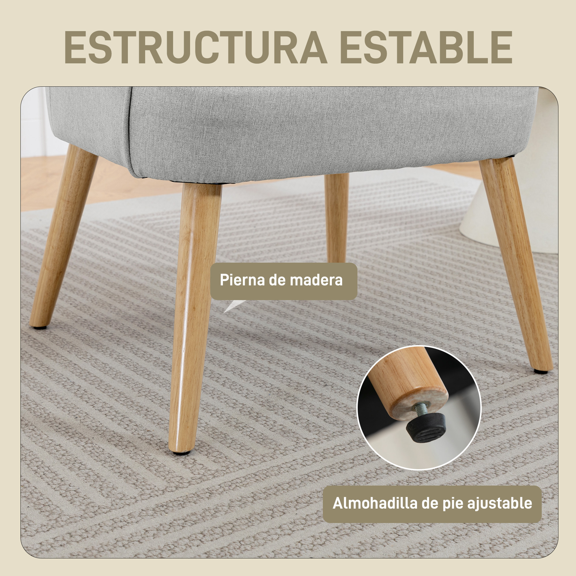 Butaca de Salón Moderna, Sillón Lectura Tapizado en Lino con Patas de Madera, Reposabrazos Acolchado Grueso y Almohadillas Ajustables para Dormitorio, Oficina, Estudio, Carga 120 kg, Gris Claro