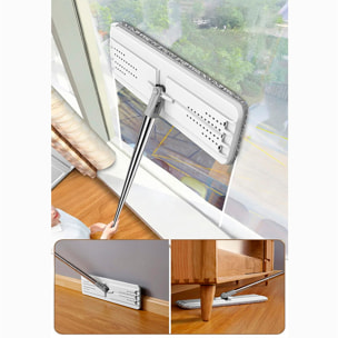 Mopa con rotación 360°, cubo con sistema de escurrido eficiente y tapón de vaciado. Incluye 3 paños de microfibra.