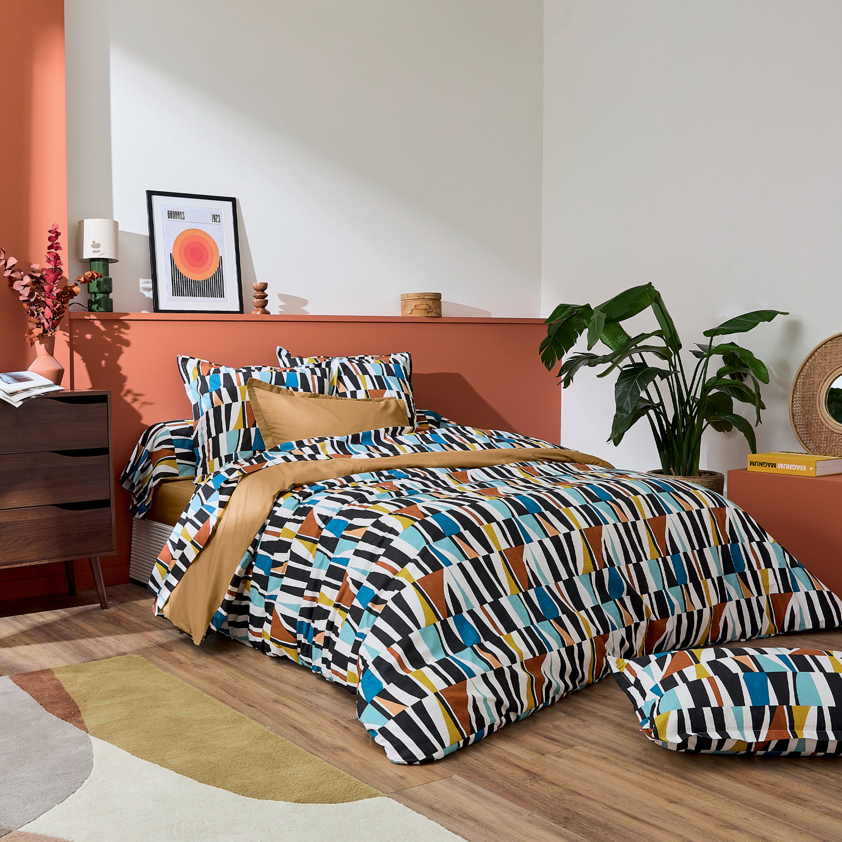 Housse de couette coton géométrique réversible uni - Noir