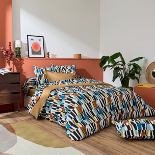 Housse de couette coton géométrique réversible uni - Noir