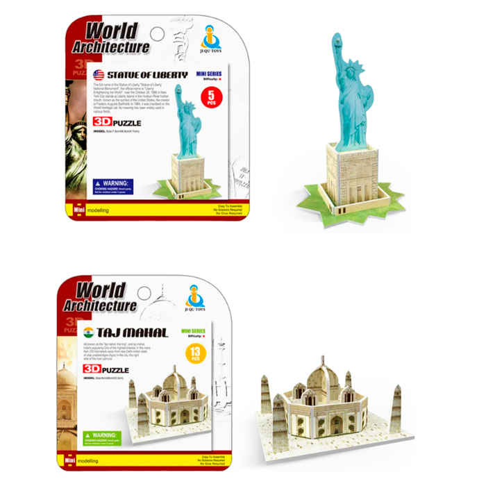 Pack de 6 mini puzles 3D de cartón con diferentes construcciones famosas. Con un total de 62 piezas.