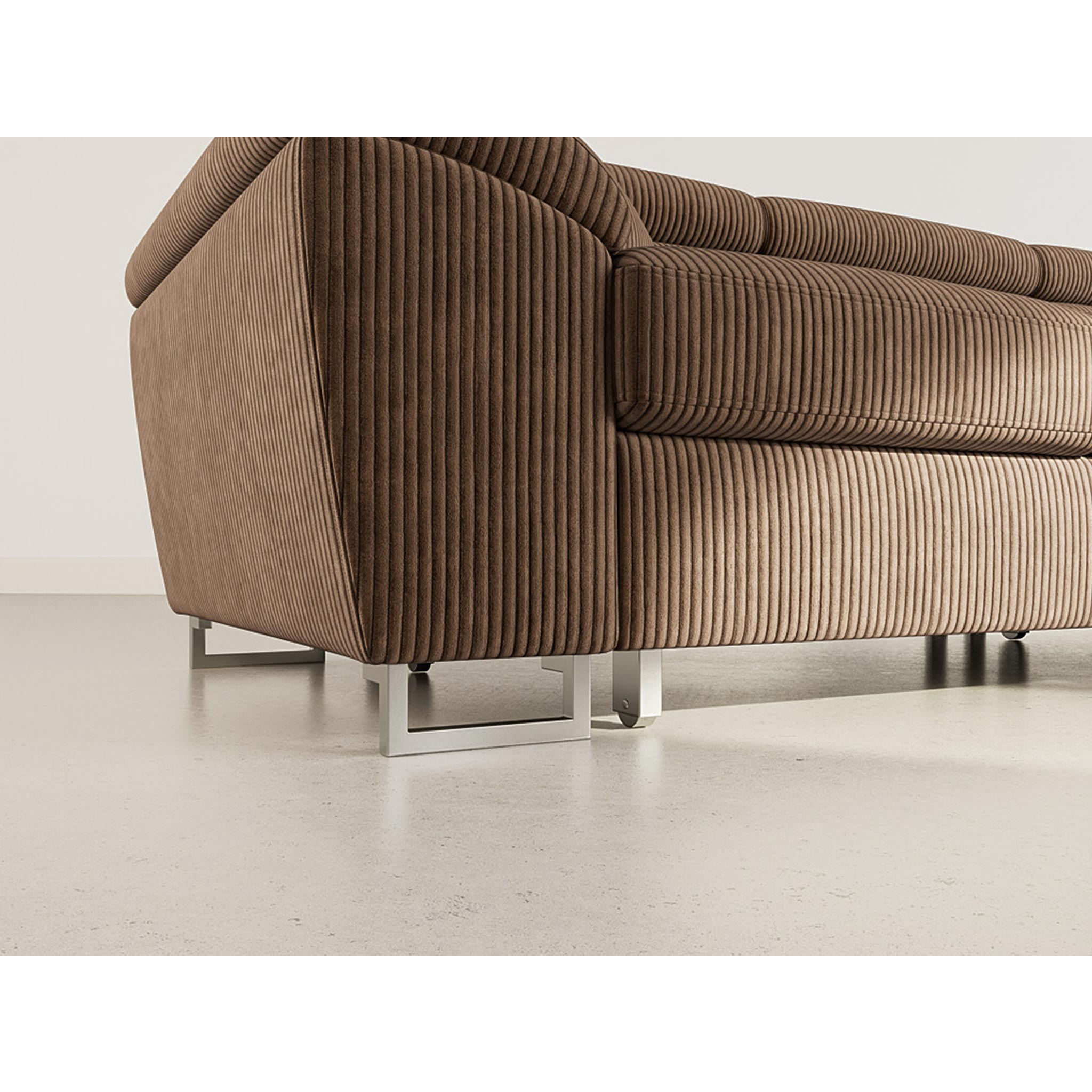 Baoji - Canapé d'angle droit 5 places convertible avec têtières et coffre en velours côtelé - Marron