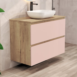 Ensemble de Salle de Bain Nia | Meuble Suspendu | 90 cm Rose | Deux Tiroirs |Lavabo sur Plan | Miroir non inclus | Meuble Monté | Alday