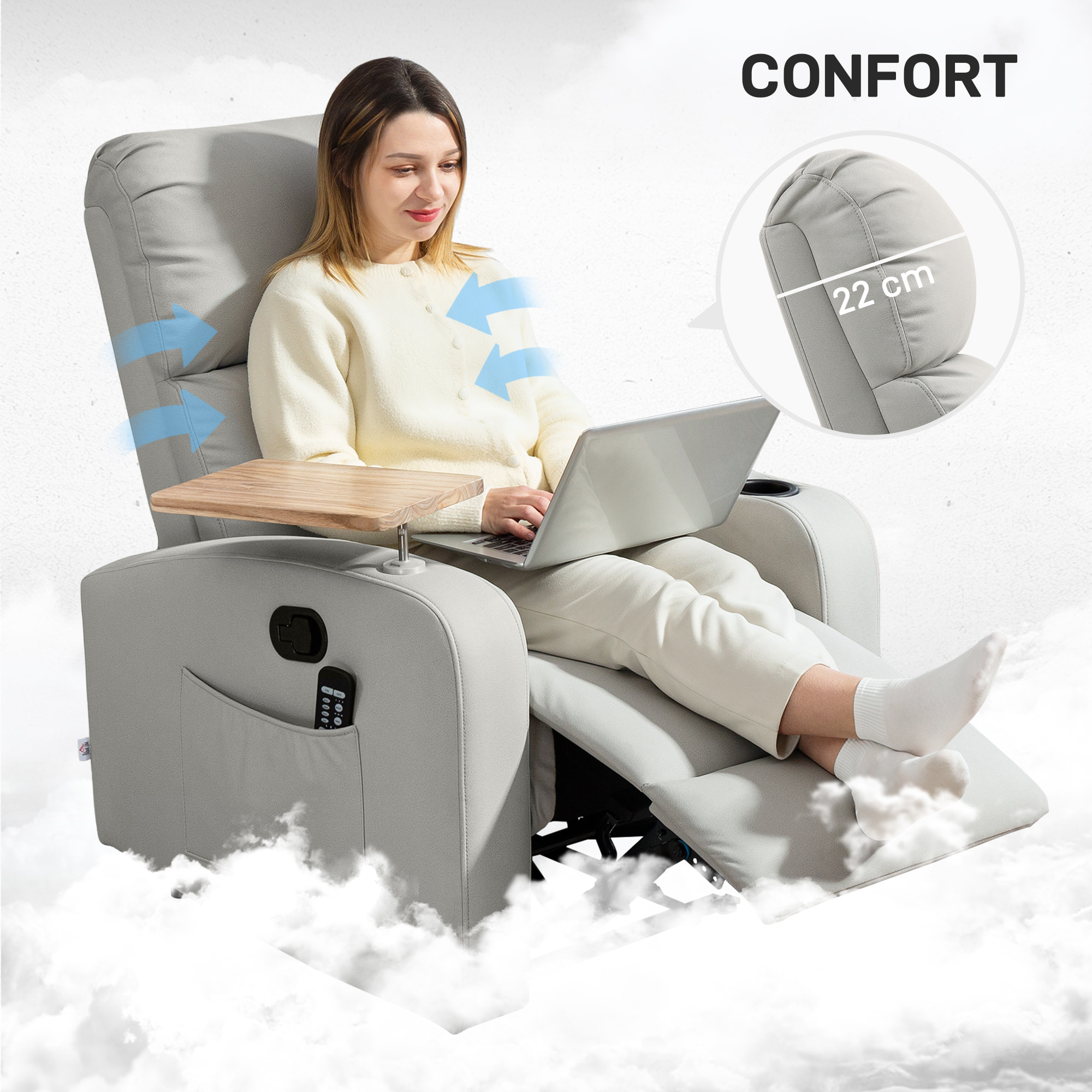 Sillón de Masaje con 8 Puntos de Masaje Sillón Relax Eléctrico Sofá Relax con 4 Modos Reclinación 145° Mando a Distancia Mesita 2 Bolsillos Laterales y Posavasos 77x93x105 cm Gris Claro