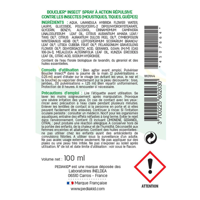 PEDIAKID - Bouclier Insect'- Spray Répulsif aux Huiles Essentielles - Contre les moustiques, tiques et guêpes - Dès 3 mois - Lot de 3 Flacons 100ml