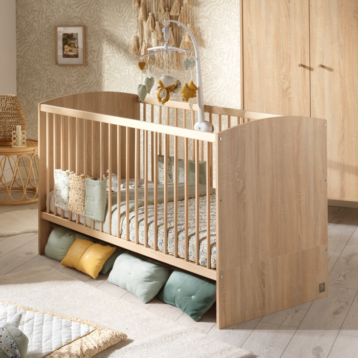 Chambre bébé trio: Lit bébé 70x140 évolutif, commode à langer 3 tiroirs et armoire 2 portes décor bois chêne
