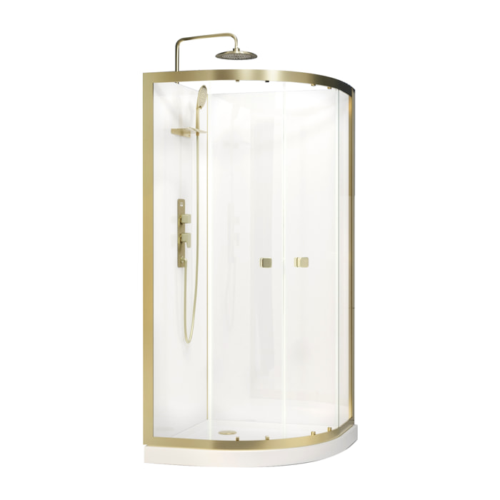 Cabine de douche Quart de cercle 90x90x200/230cm - Receveur Bas - Fonds Blancs et Profilés Or Brossé
