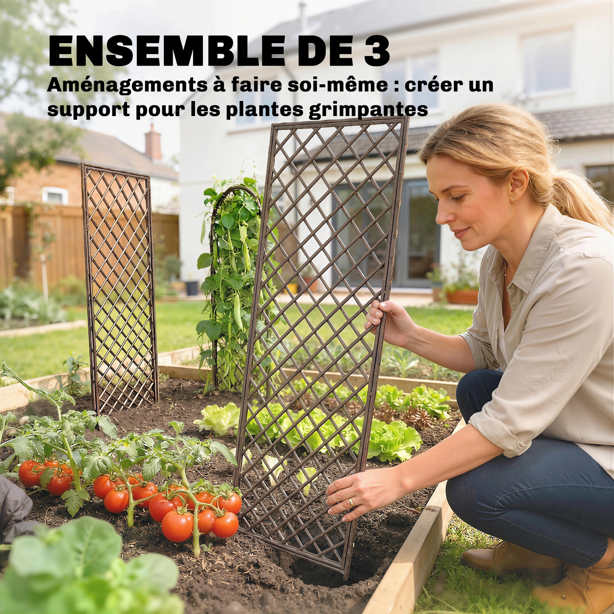 Lot de 3 treillis de jardin osier tissé naturel dim. 43 x 2 x 112 cm