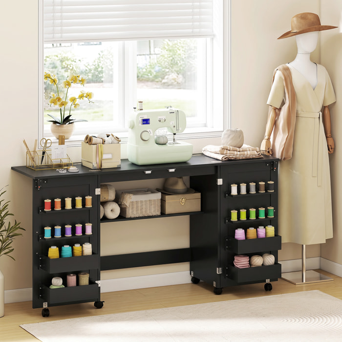 Table de couture pliable sur roulettes - 4 bacs, 20 porte-bobines, étagère - noir