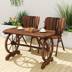 Mesa de Jardín de Madera Mesa de Terraza Exterior 120x63x70 cm con Patas en Forma de Rueda Orificio para Sombrilla y Diseño de Listones Carga 50 kg para Patio Madera Carbonizada