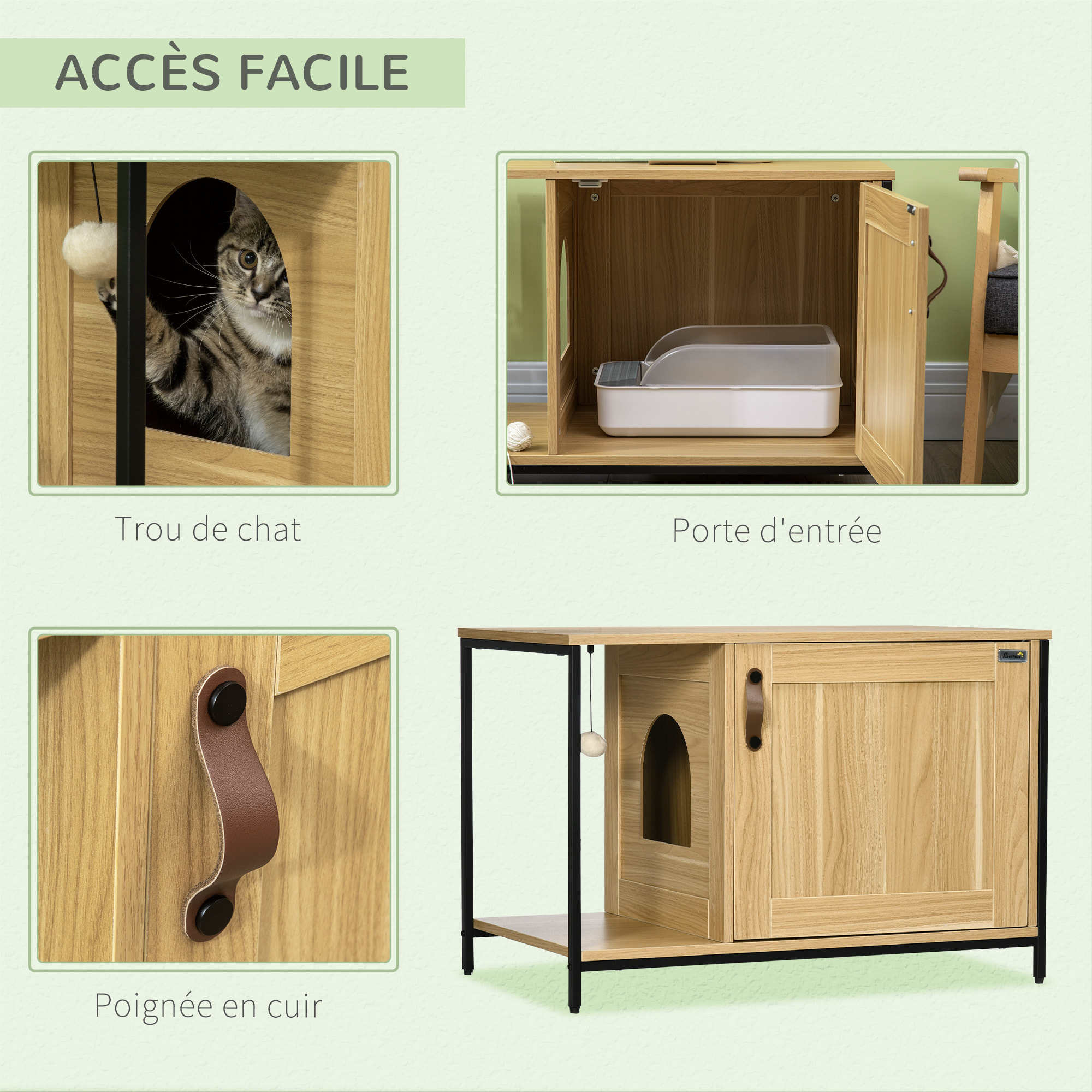 Maison de toilette pour chat style industriel porte entrée latérale boule suspendue châssis acier aspect bois clair