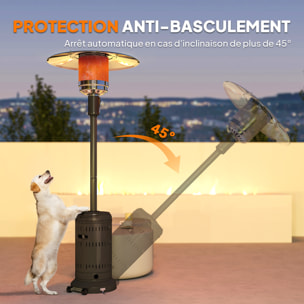 Parasol chauffant gaz mobile 2 roulettes 11 kW allumage piézo électrique H.223cm métal noir alu.